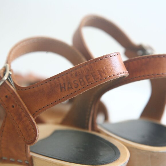 Size 7 (37) - SWEDISH HASBEENS Women's Tan Leather Peep Toe Heel Clog Sandals - Picture 4 of 7
